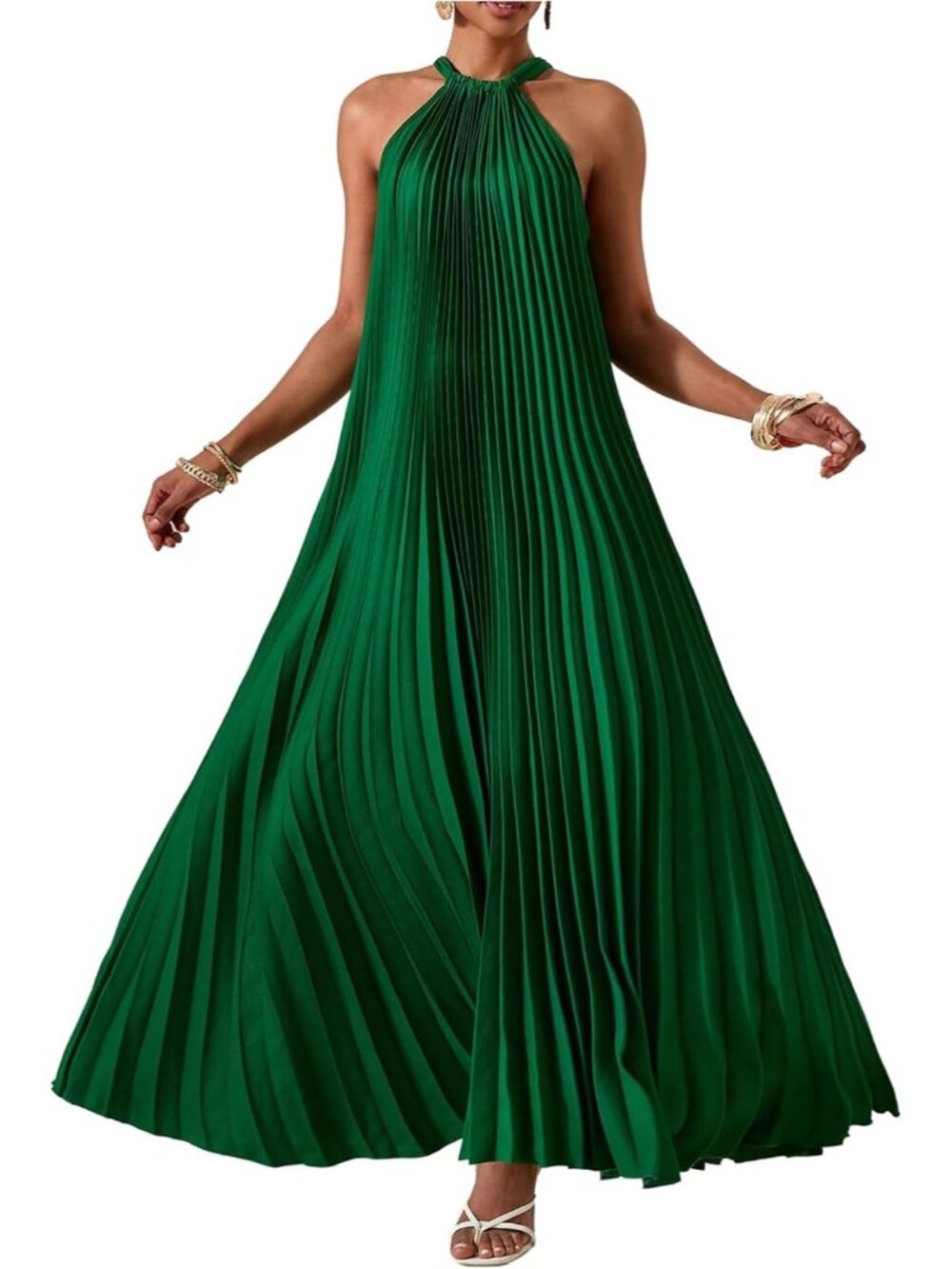〽️Dark Green Maxi Dress Women's Halter Pleated Flowy Wedding Guest Summer Dress